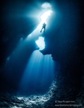Palau’s famed Blue Holes dive site is a wide-angle photographer’s dream. There are several openings in the caverns where the light rays pour through, and if you happen to catch a diver in just the right spot it can make for a captivating image. Shot with: Olympus OM-D E-M1, Olympus 8mm f/1.8 fisheye, natural light