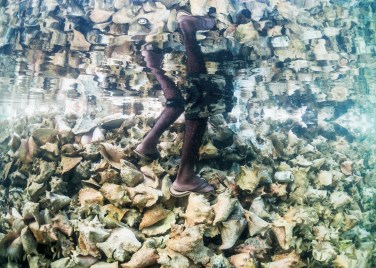 A Bahamian conch fisherman walks across a large pile of empty shells, called a midden. Commercial conch fishing collapsed in Florida in the 1970s and experts predict a collapse is imminent in the Bahamas at the current rate of harvest. Image made on Eleuthera Island, Bahamas. Shot with: Nikon D90, Aquatica housing and Mini Dome, Tokina 10-17mm fisheye lens and twin Sea&Sea YS250 strobes