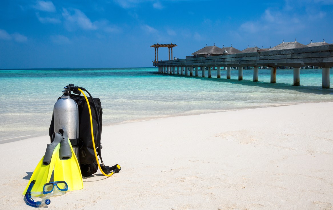 Scuba diving gear on Maldivian beach