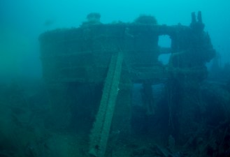 Some of the highest relief found on Tamaulipas' aft section is the triple expansion, three-cylinder engine, with large amounts of disarticulated hull and deck structure surrounding it. Photo Joe Hoyt, NOAA