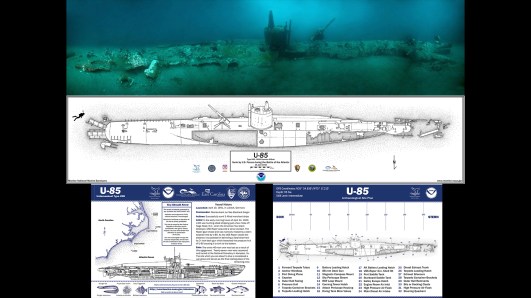 A photomosaic, site plan and dive slate are a few of the products produced for U-85 by Monitor National Marine Sanctuary. (All photos: NOAA)
