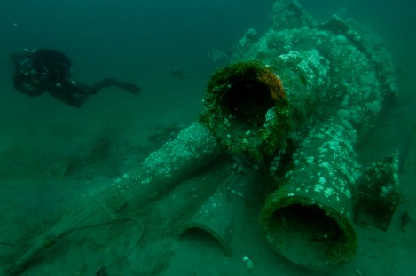 The forward torpedo tubes located on the wreck of U-85. (Photo: Joe Hoyt, NOAA)